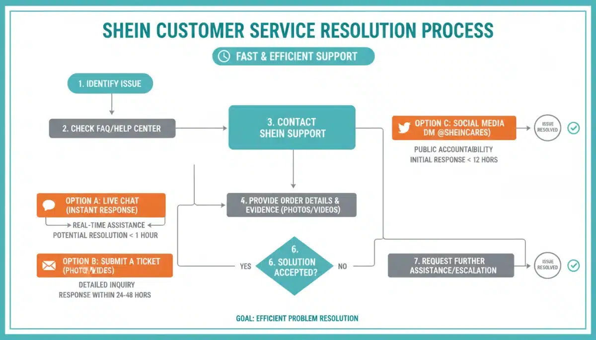 Diagrama de flujo con los pasos para contactar al servicio de atención al cliente de SHEIN y resolver incidencias.