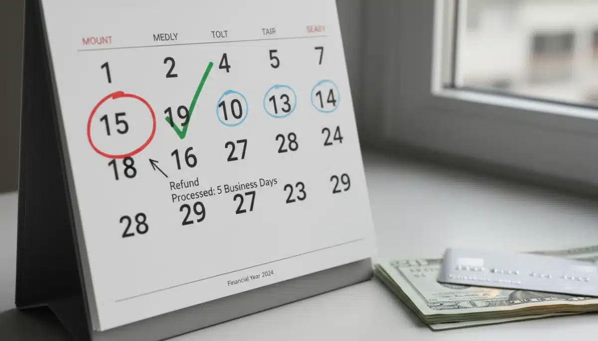 Calendario resaltando un reembolso exitoso en 5 días hábiles de SHEIN.