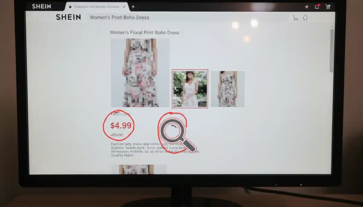 Pantalla de ordenador mostrando detalles sospechosos en una página de producto de SHEIN, como precios irreales o descripciones vagas, para evitar estafas.