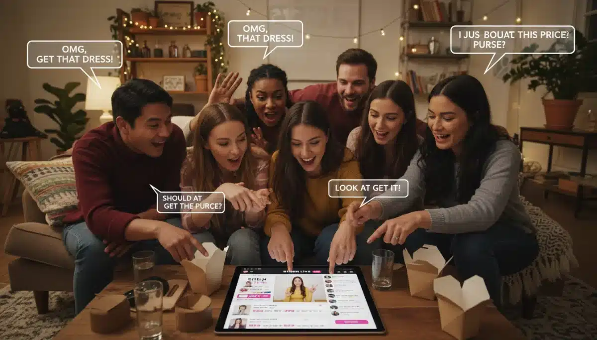 Grupo de amigos disfrutando y comprando en una sesión de SHEIN Live con descuentos.