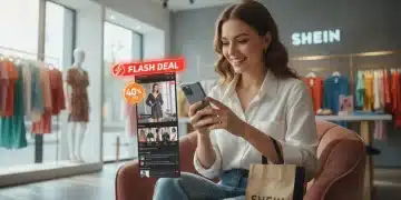 Mujer joven aprovechando ofertas flash de SHEIN Live en su smartphone en 2026.