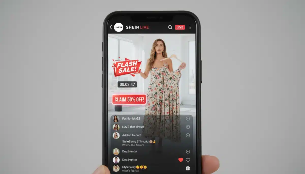 Pantalla de móvil mostrando una retransmisión de SHEIN Live con una oferta flash activa.