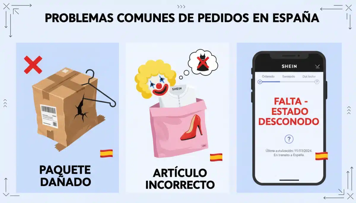 Ilustración de problemas comunes con pedidos de SHEIN: paquete dañado, artículo incorrecto y envío perdido.