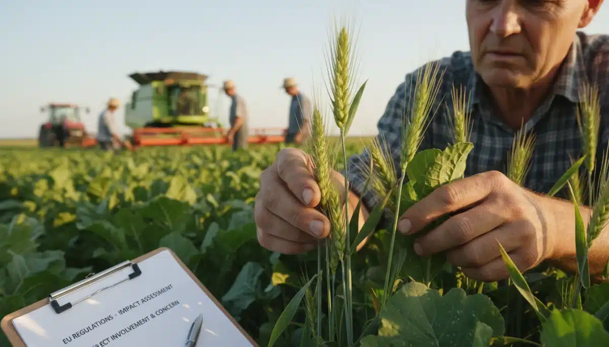 Manos de agricultor examinando cultivos, reflejando el impacto directo de las regulaciones en el campo.