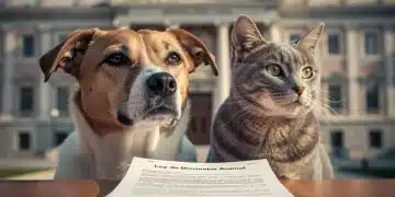 Animales domésticos con el Parlamento español de fondo, representando la Nueva Ley de Bienestar Animal.