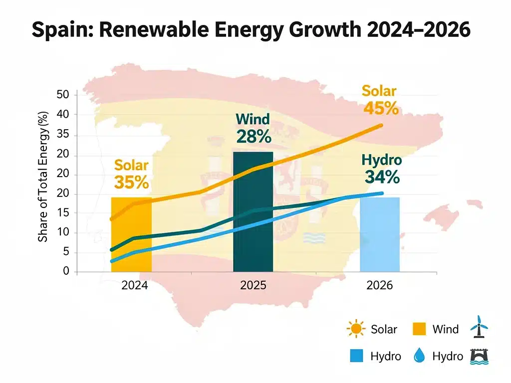 Gráfico de crecimiento proyectado de energías renovables en España hasta 2026, destacando solar, eólica e hidráulica.