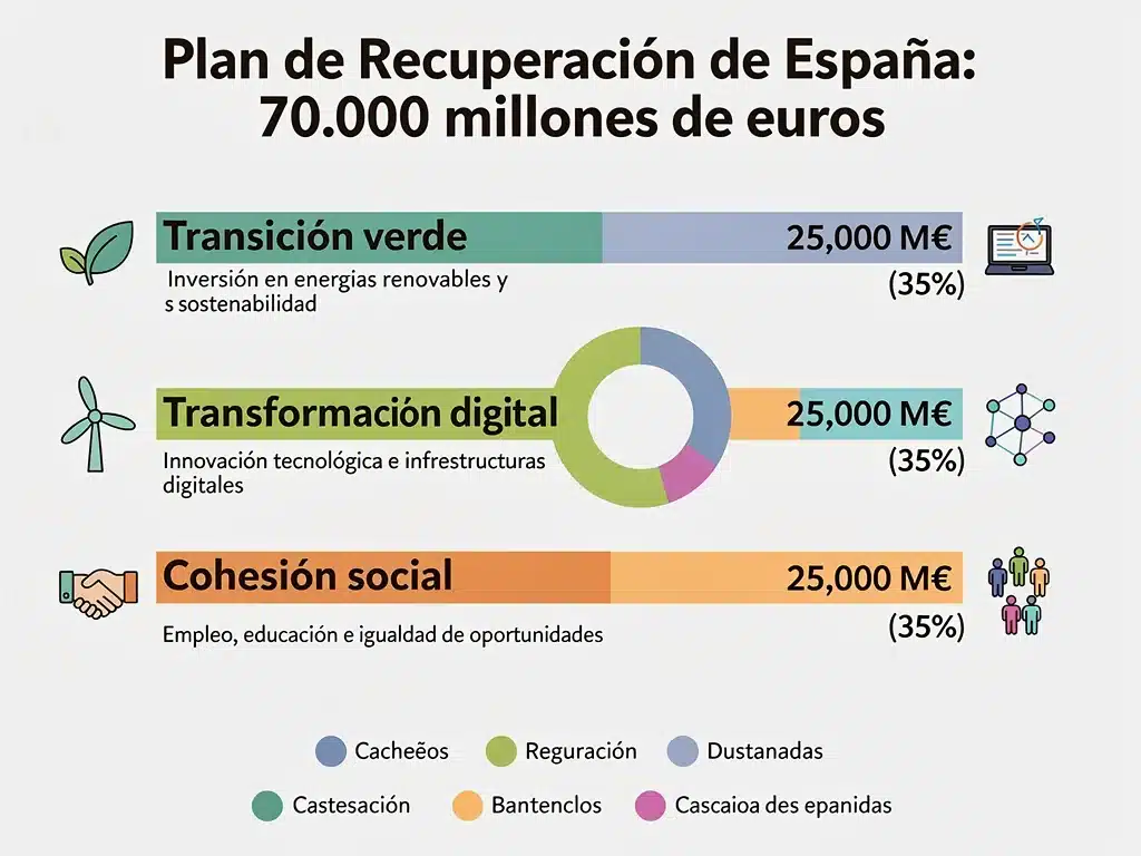 Distribución de los fondos del Plan de Recuperación por pilares estratégicos en España.