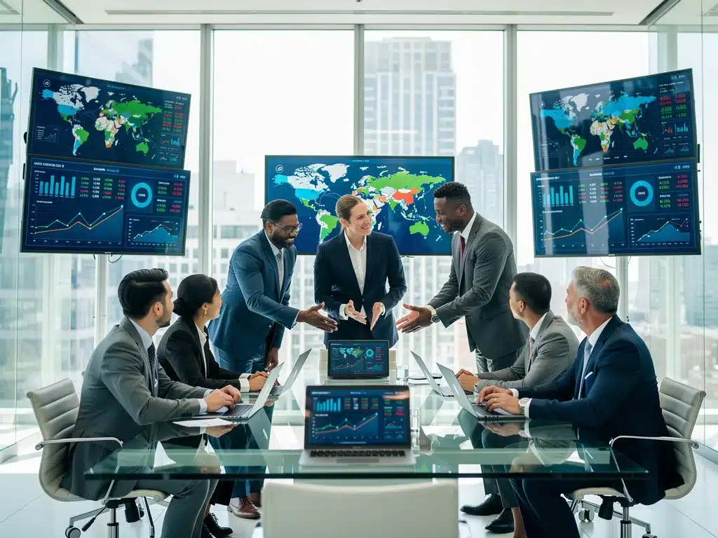 Profesionales de negocios colaborando en un entorno global, simbolizando la diversificación de mercados para la exportación española.