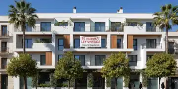 Edificio de apartamentos moderno con cartel de 'Se Alquila' en una ciudad española, simbolizando los cambios en la ley de vivienda.