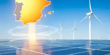 Panel solar y turbinas eólicas en un paisaje español, simbolizando el progreso hacia las energías renovables en España.