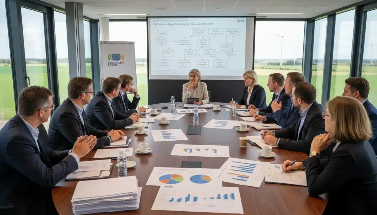 Expertos agrícolas y políticos debatiendo nuevas políticas de la UE para el sector.