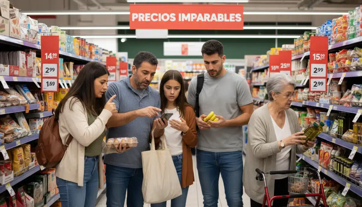 Ciudadanos españoles preocupados revisando precios en un supermercado, reflejando el impacto de la inflación en la vida diaria.