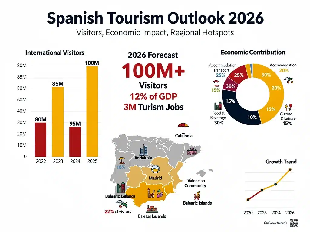 Infografía con estadísticas y proyecciones de crecimiento del turismo en España hasta 2026, destacando cifras de visitantes.