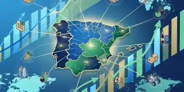 Mapa global con España destacada, líneas de conexión comercial y gráficos ascendentes que simbolizan el crecimiento de la exportación española en 2026.