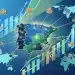 Mapa global con España destacada, líneas de conexión comercial y gráficos ascendentes que simbolizan el crecimiento de la exportación española en 2026.