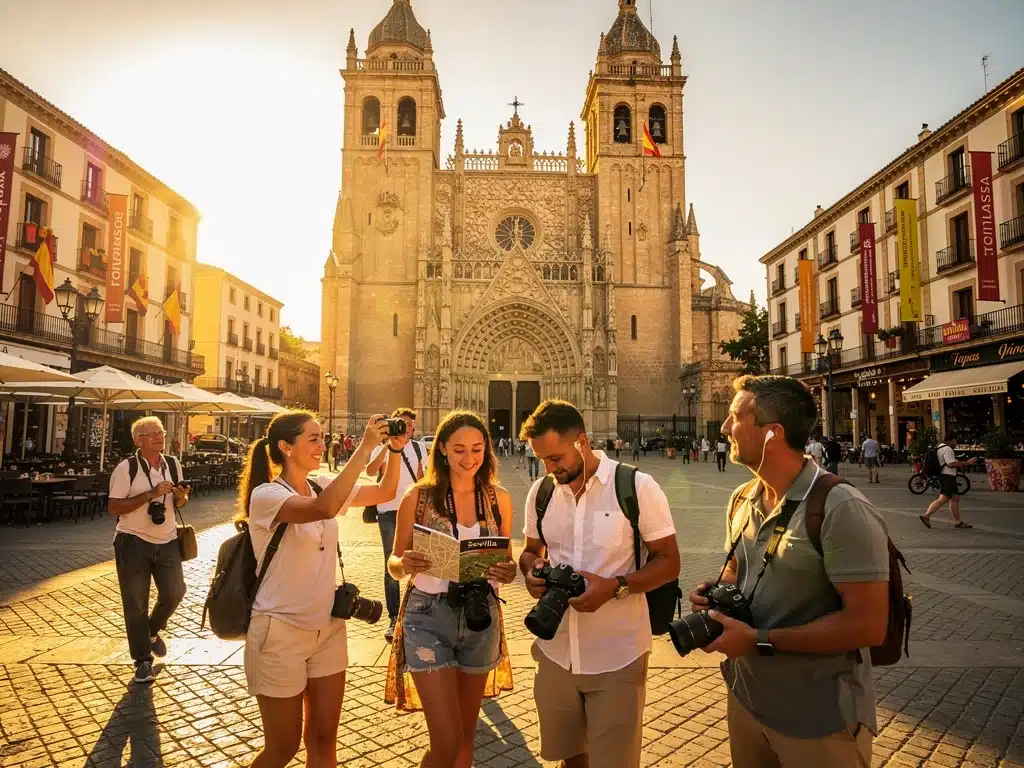 Grupo de viajeros internacionales explorando un monumento cultural en una ciudad española, simbolizando el turismo cultural.
