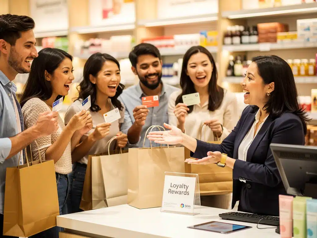 Clientes satisfechos con tarjetas de fidelidad en una tienda, beneficiándose de descuentos.