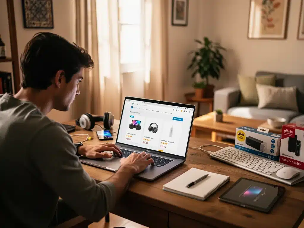 Persona comparando precios de tecnología en línea para encontrar descuentos.