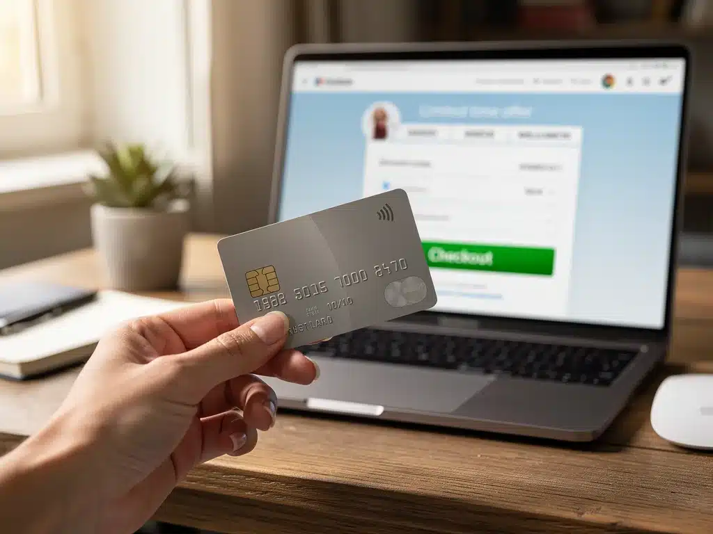 Persona realizando una compra online en España, utilizando una tarjeta de crédito tras aplicar un descuento.