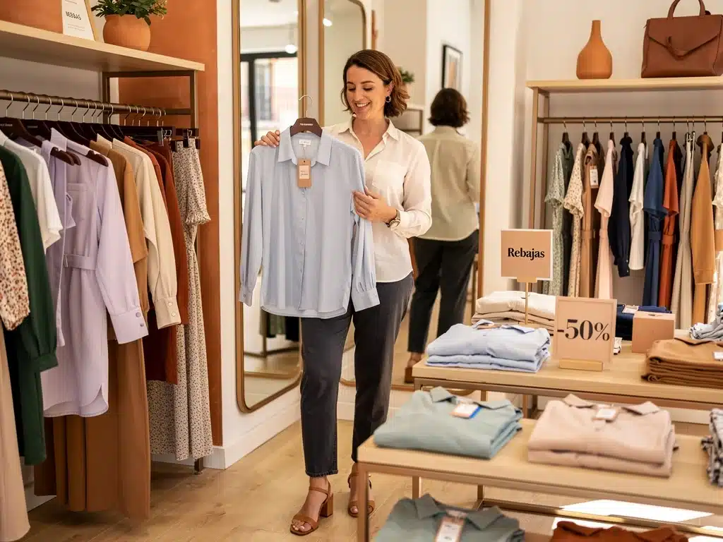 Comprador satisfecho encontrando ofertas en tiendas de moda durante 2026