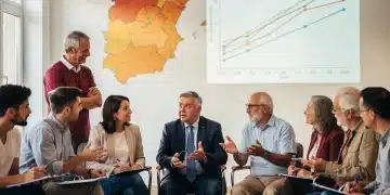 Ciudadanos españoles debatiendo la reforma de pensiones y sus previsiones hasta 2026.