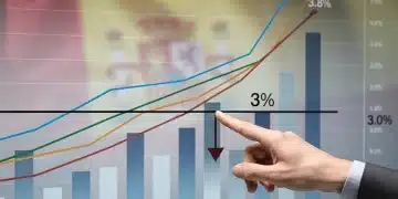 Gráfico financiero mostrando la reducción del déficit público español hacia el 3% en 2026, con la bandera de España de fondo.