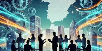 Digitalización de PYMES en España: Gears, datos y profesionales colaborando en un entorno innovador.
