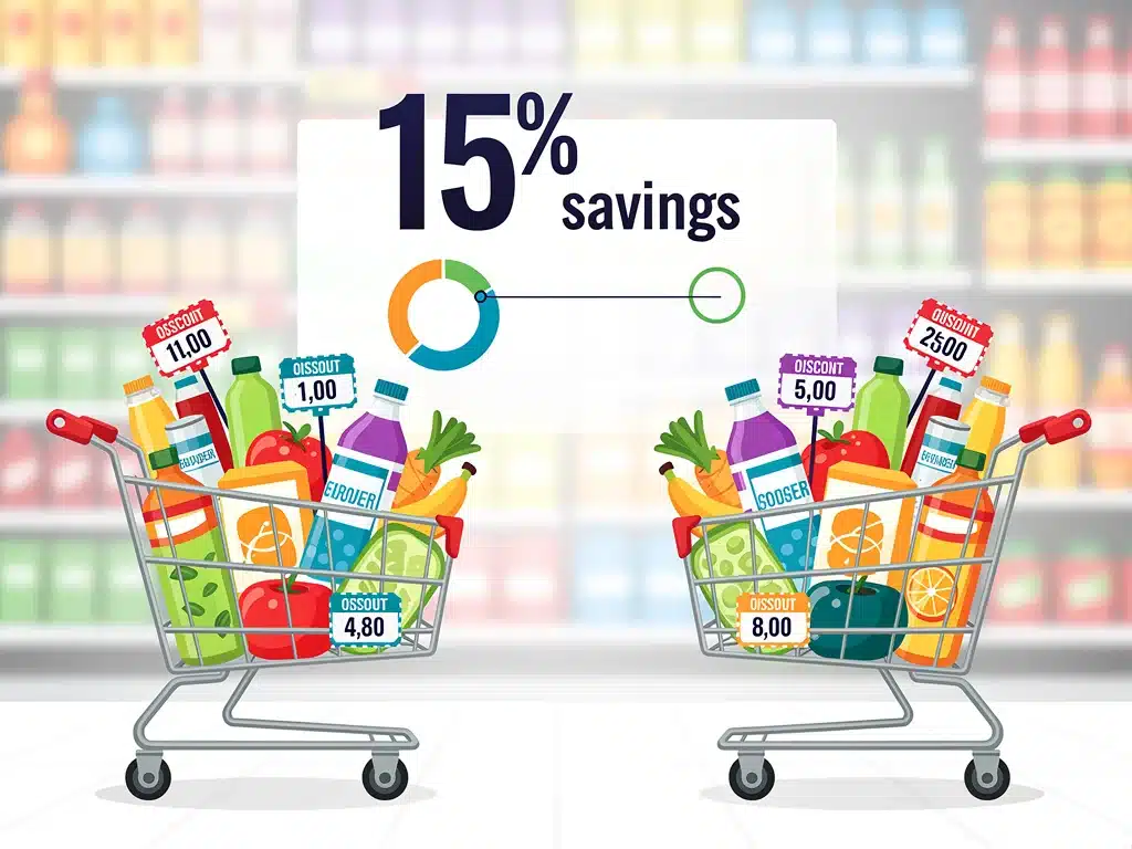 Gráfico comparando el coste de la compra con y sin cupones, mostrando un ahorro del 15% en supermercados españoles.
