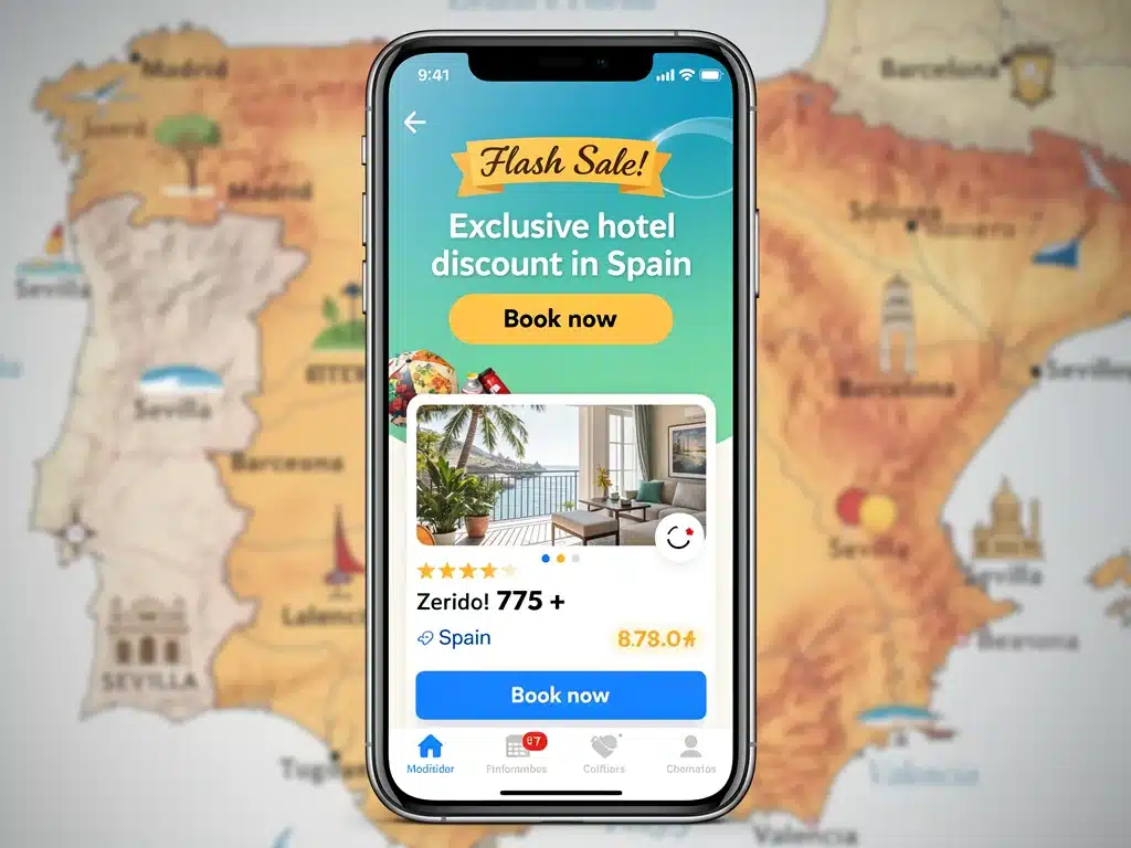 Notificación de una oferta flash con descuentos ocultos para hoteles en España en 2026 en una aplicación móvil.