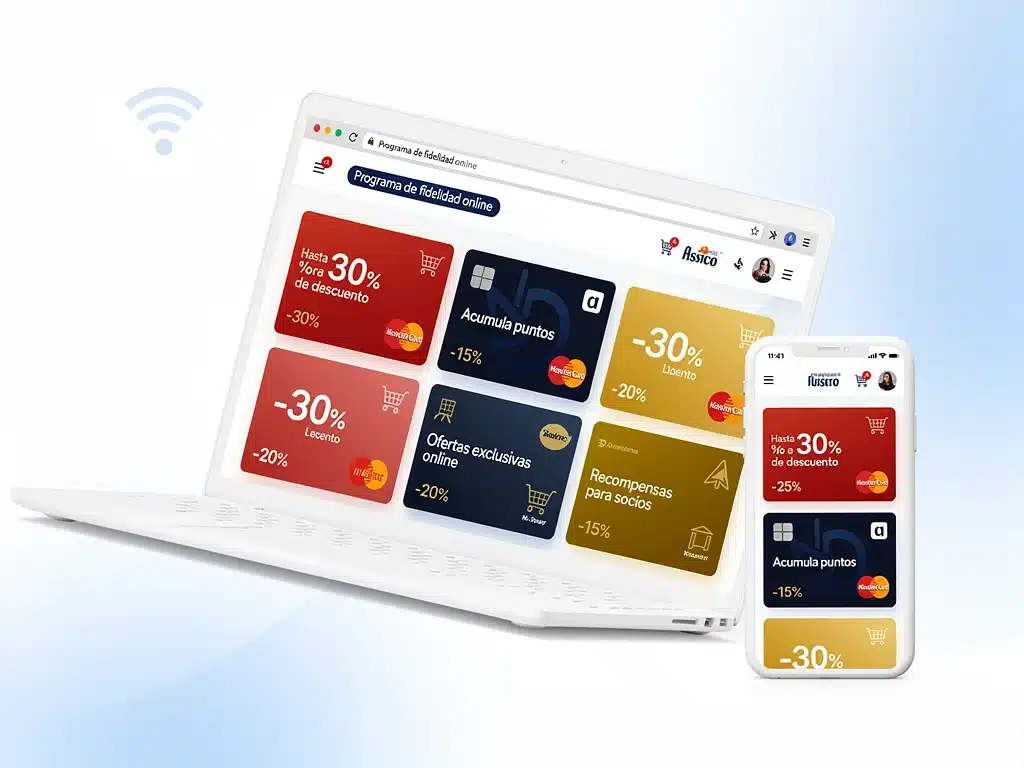 Plataforma digital mostrando ofertas y descuentos de programas de fidelidad de marcas españolas.