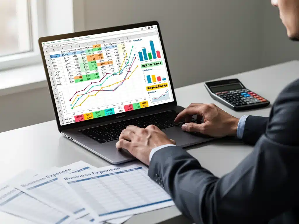 Persona analizando datos financieros para optimizar las compras y aplicar descuentos por volumen.