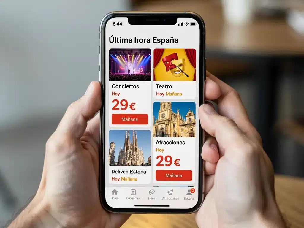 Aplicación móvil mostrando ofertas de última hora para ocio en España.