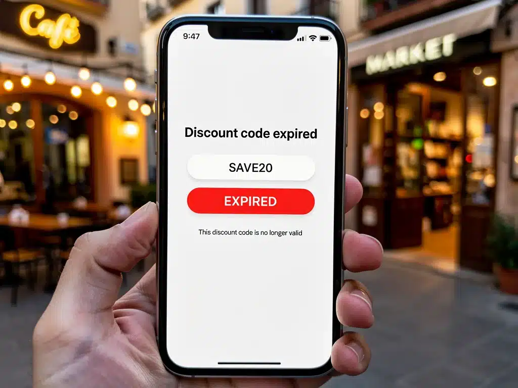 Mensaje de código de descuento caducado en un teléfono móvil, en un entorno español.