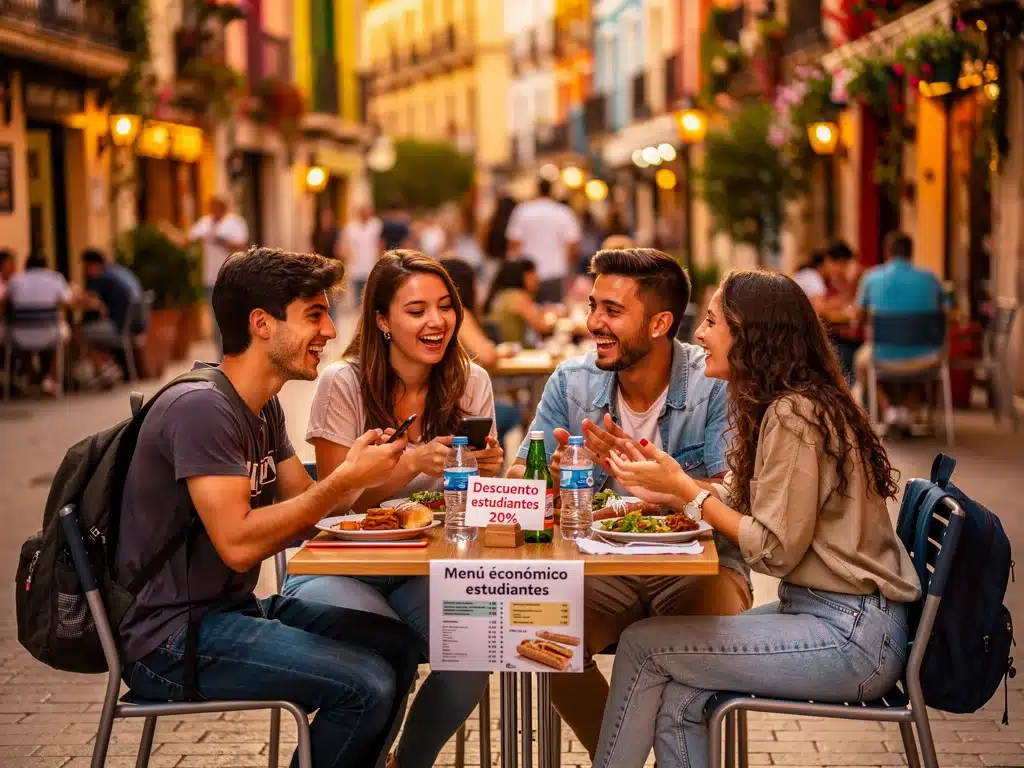 Grupo de estudiantes disfrutando de una comida asequible en un café español con descuentos.