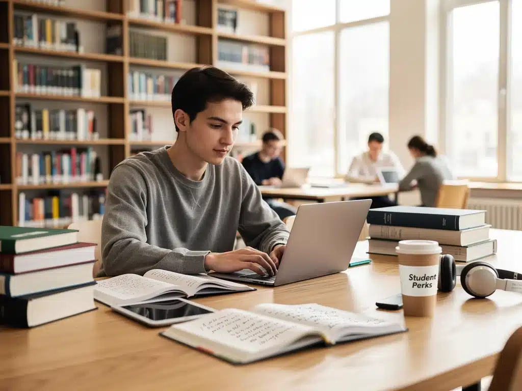 Estudiante utilizando un portátil en una biblioteca moderna, beneficiándose de descuentos en tecnología y software.