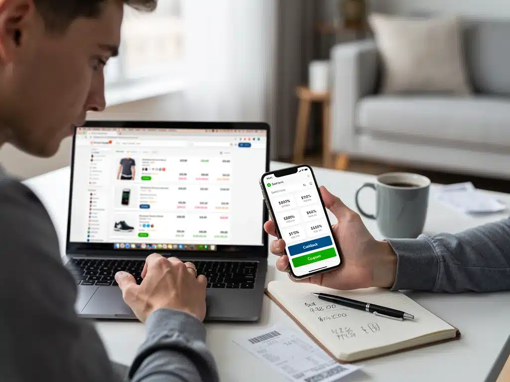 Persona comparando precios en línea y usando una aplicación de cashback para maximizar descuentos y puntos.