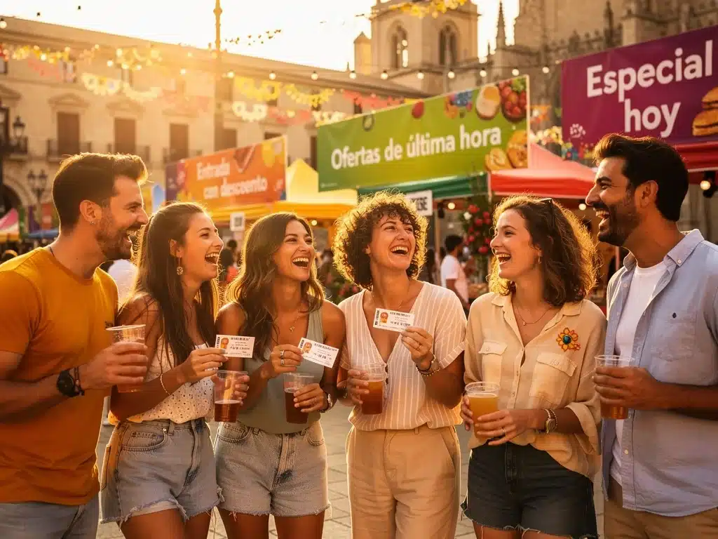 Amigos disfrutando de un evento cultural con descuentos de última hora en España.
