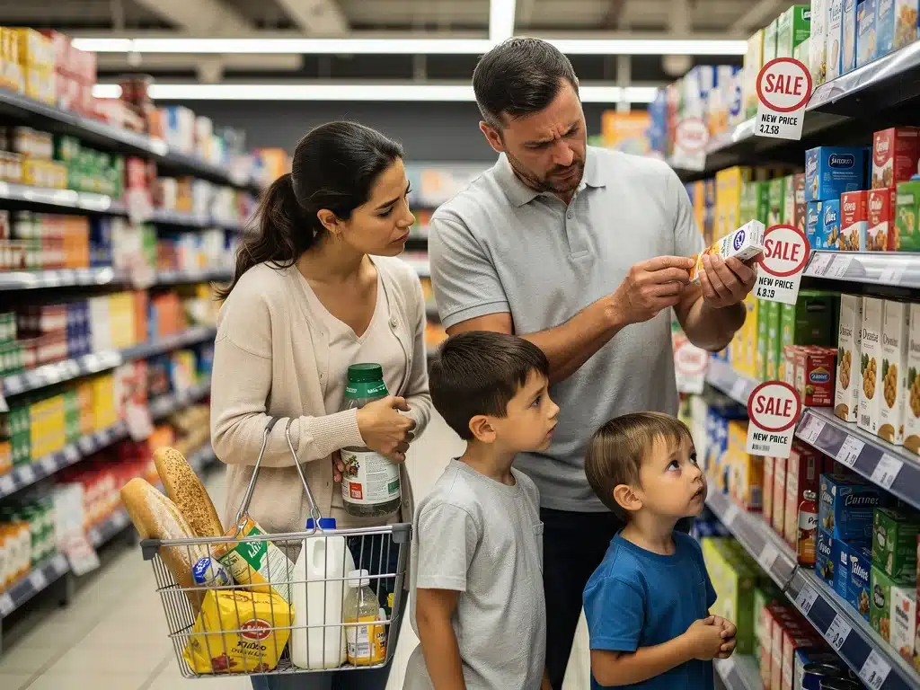 Familia preocupada en el supermercado por el aumento de precios debido a la inflación.