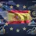 Banderas de la UE y España fusionadas con gráficos económicos, simbolizando el impacto del nuevo paquete de medidas económicas de la UE en España para 2026. Impacto Económico de la UE en España.