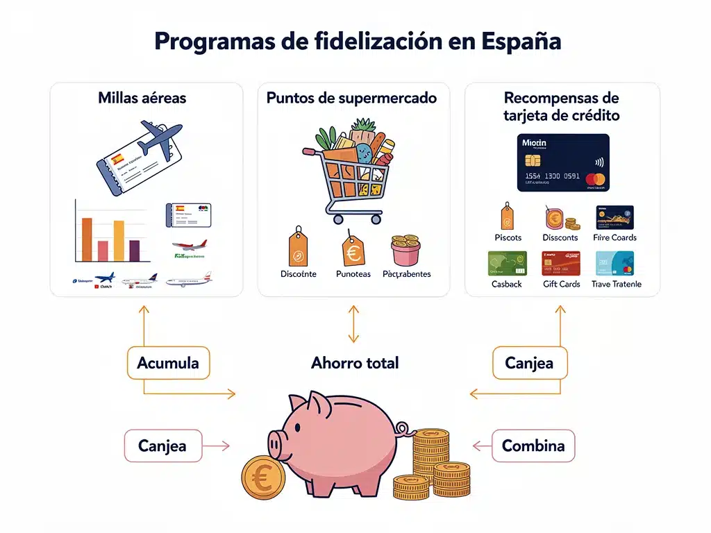 Infografía de tipos de programas de fidelización en España y cómo se interconectan para maximizar el ahorro.