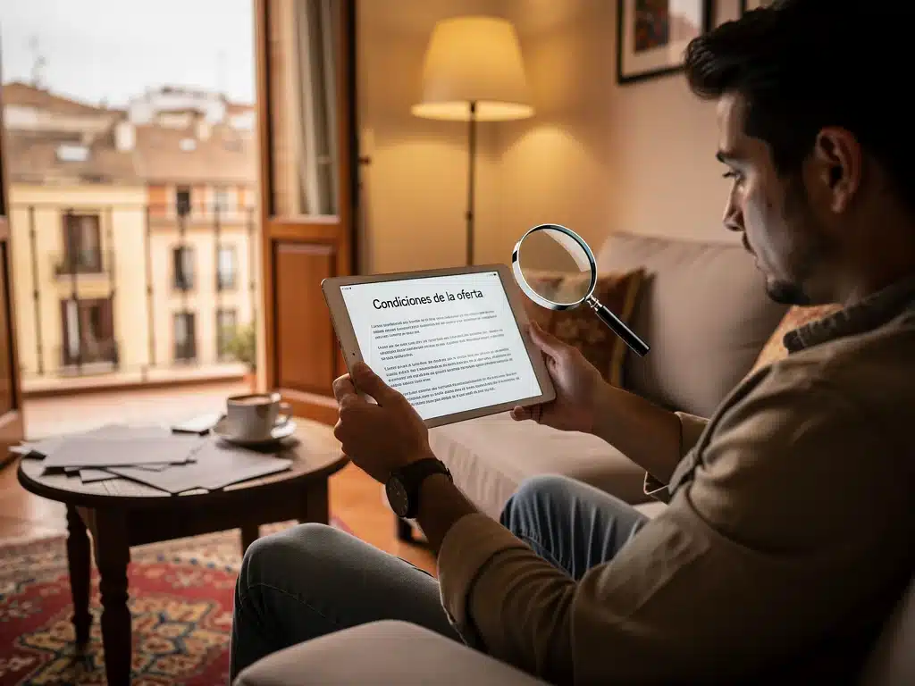 Persona leyendo detenidamente las condiciones de un código de descuento en una tablet.