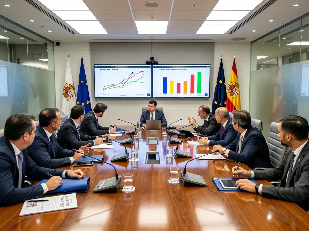 Funcionarios de la UE y España en una reunión, debatiendo el impacto de las medidas económicas de la UE en España para 2026.
