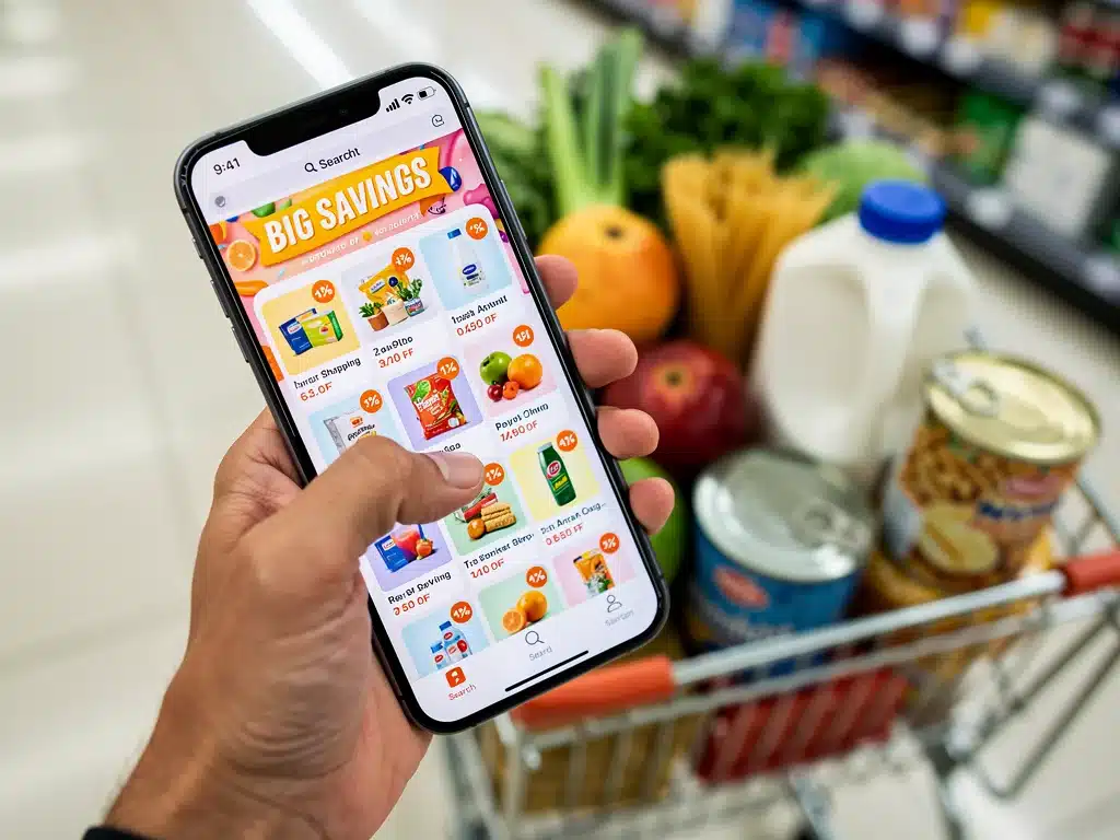 Persona utilizando una app de descuentos para compras en supermercados, mostrando el proceso de ahorro en tiempo real.