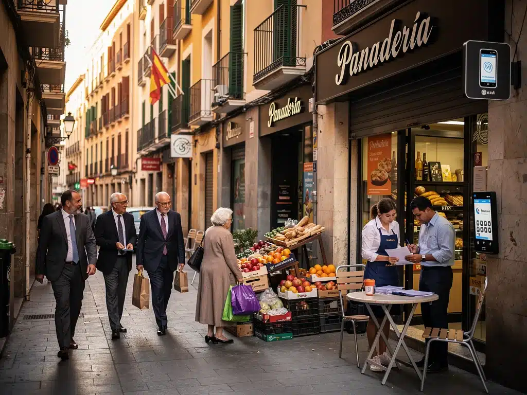 Escena urbana en España con personas y comercios, reflejando el impacto cotidiano de las nuevas medidas económicas de la UE en la sociedad española.