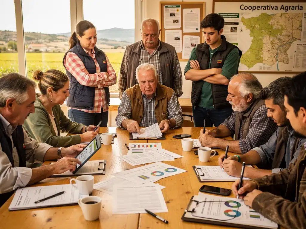 Agricultores españoles debatiendo las implicaciones de la PAC revisada y los subsidios agrícolas en una reunión de cooperativa.