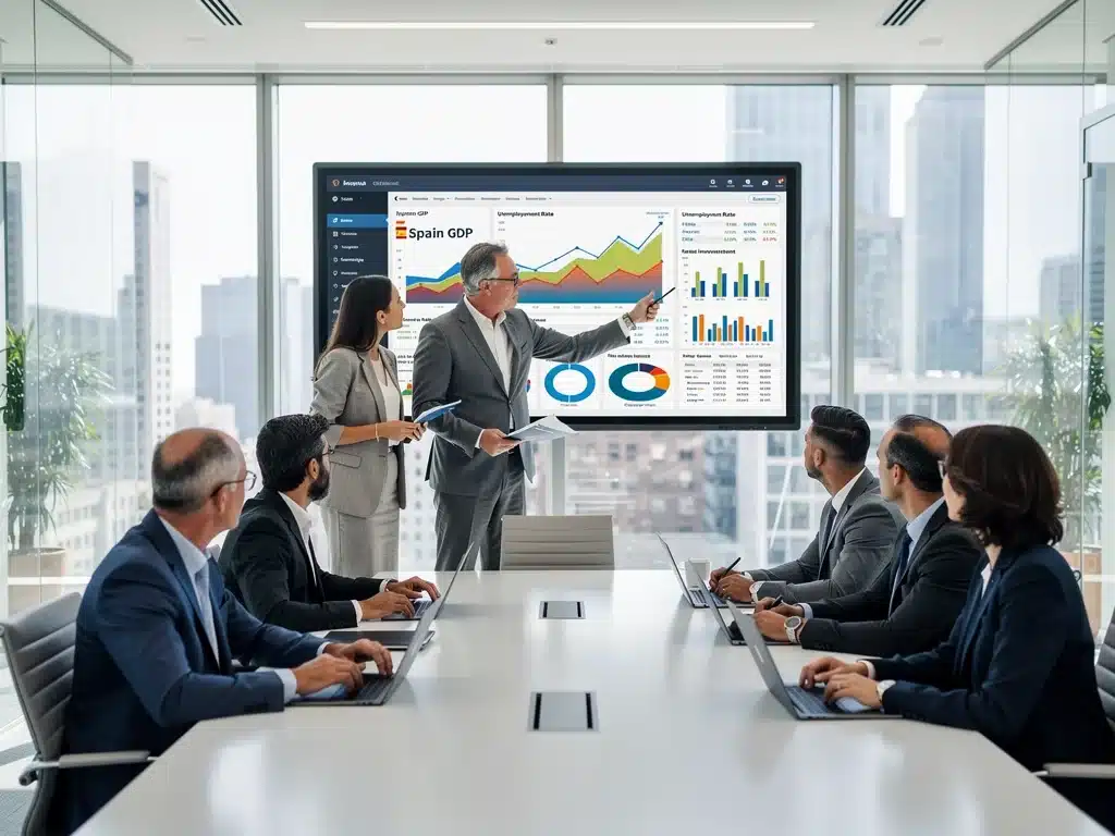 Profesionales analizando datos económicos de España, proyectando el futuro del PIB.