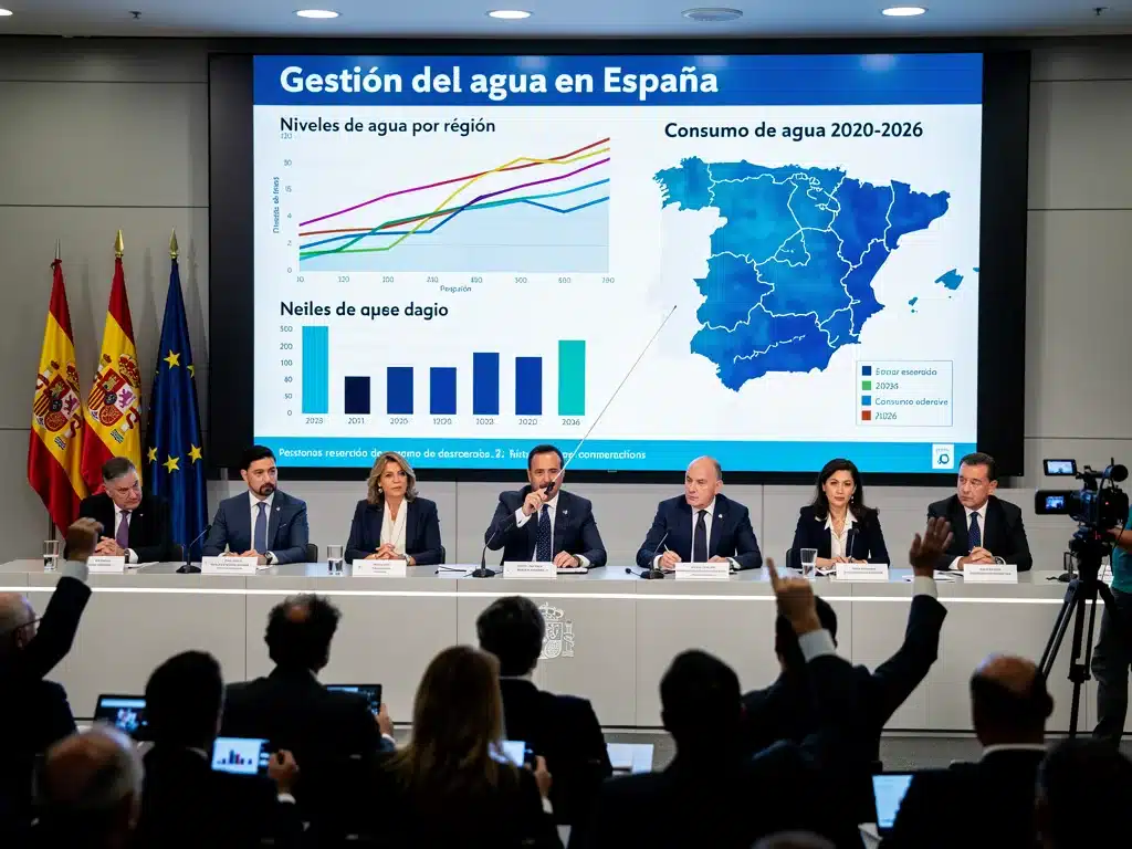 Autoridades presentando nuevas medidas de gestión hídrica en una rueda de prensa en España.