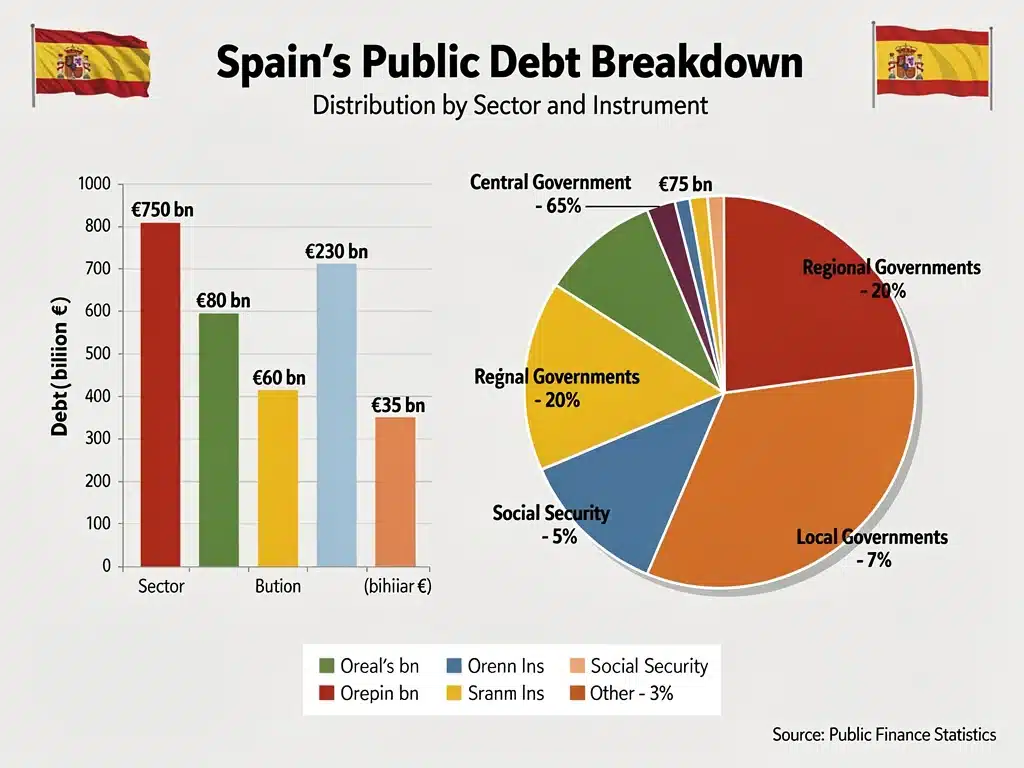 Infografía detallada de la composición de la deuda pública española por sectores.