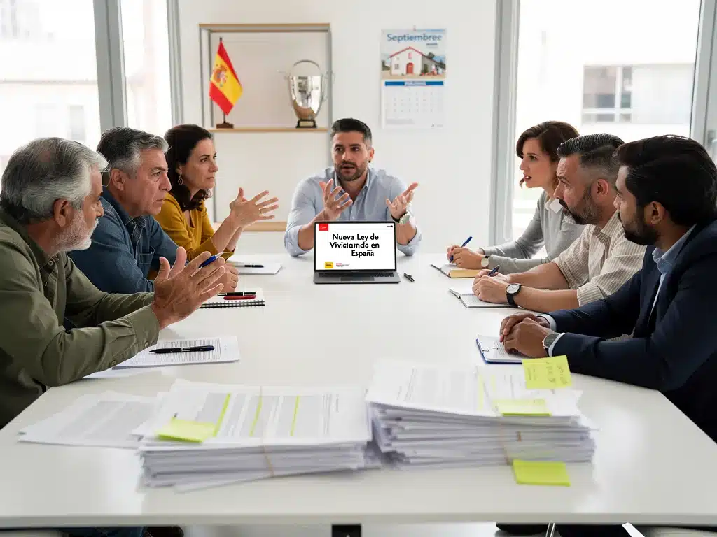 Personas discutiendo documentos legales sobre las nuevas leyes de vivienda y alquiler en España.