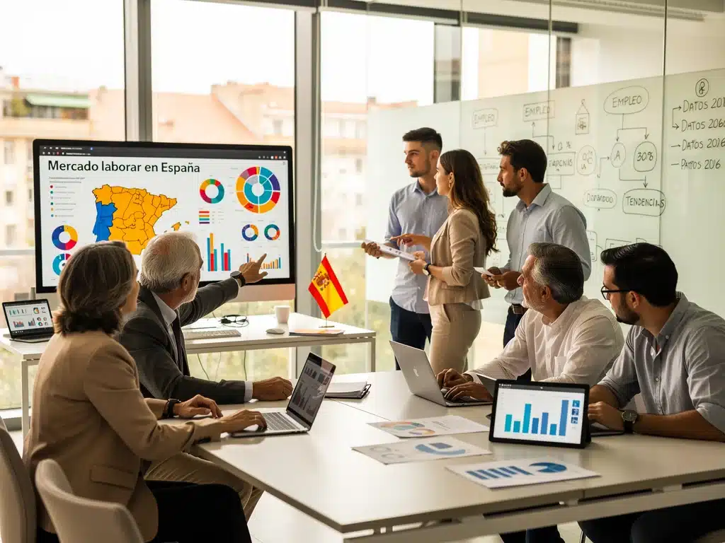 Profesionales de diversas edades interactuando en un entorno de oficina moderno, representando la diversidad generacional en el mercado laboral español.